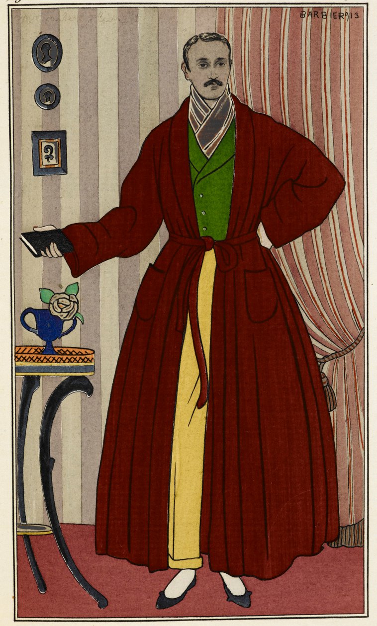 Sabahlık giyen adam. Journal des dames et des modlarından alınan George Barbier (1882-1932) çizimi. Paris 1912-1914. The British Library Institution, Reference Shelfmark ID: P.P.5242.dc, pl.96, karşı sayfa 16. Soyunma odası giyen adam by Georges Barbier