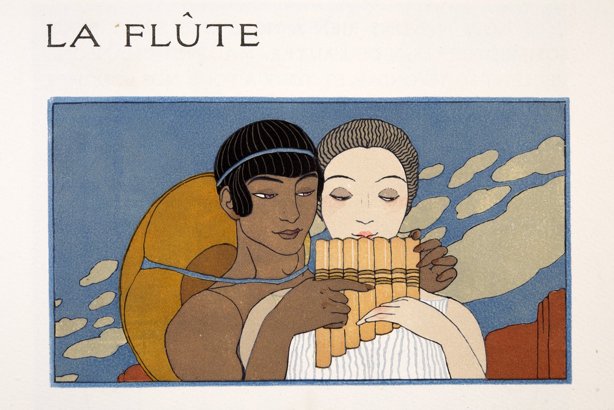 Flüt, Pierre Louys tarafından Les Chansons de Bilitis'ten bir çizim, pub. 1922 (kalıp baskısı) by Georges Barbier