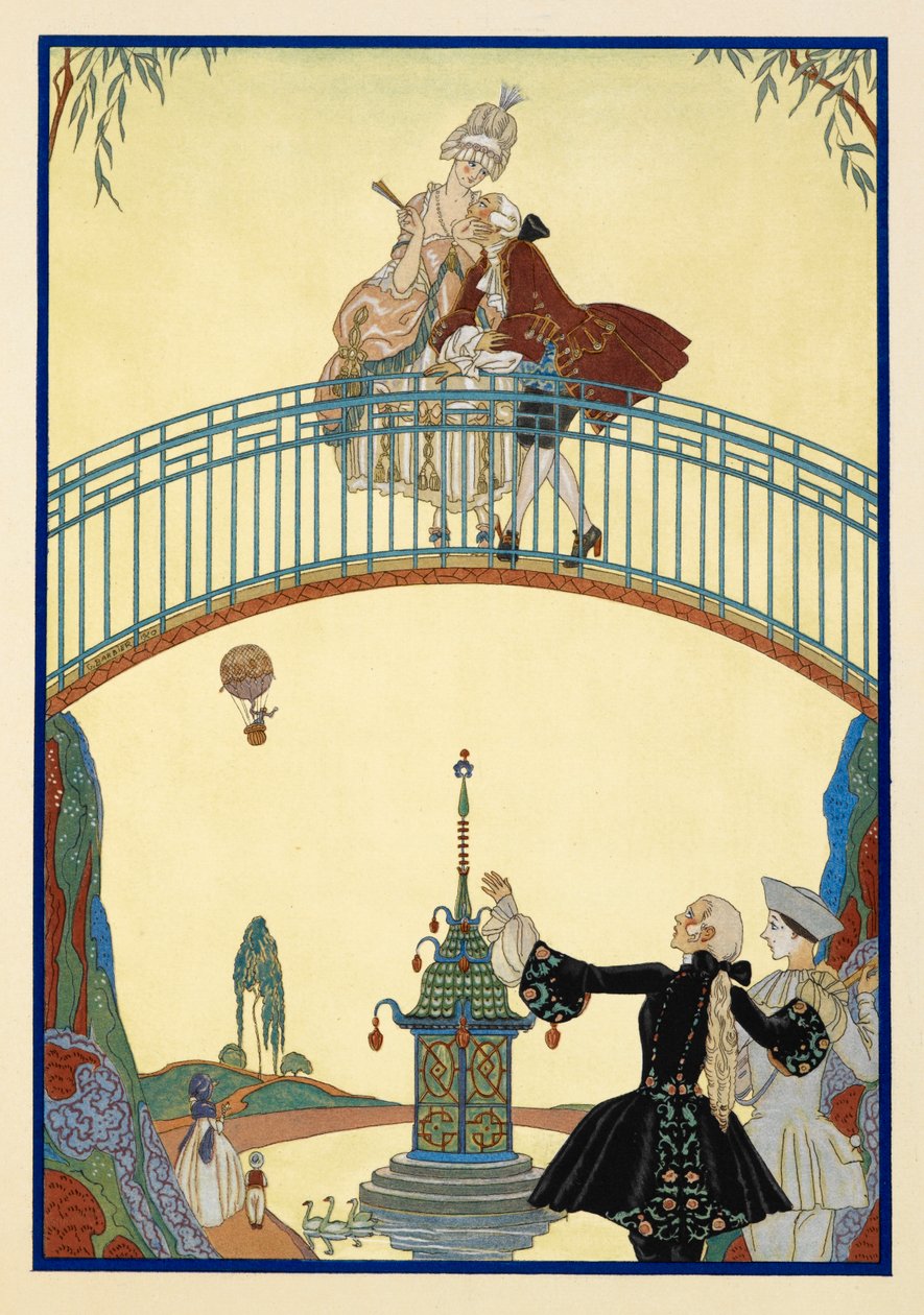 Ã€ La Promenade. Köprüde bir erkek ve kadın. Pierrot, aşağıda. by Georges Barbier