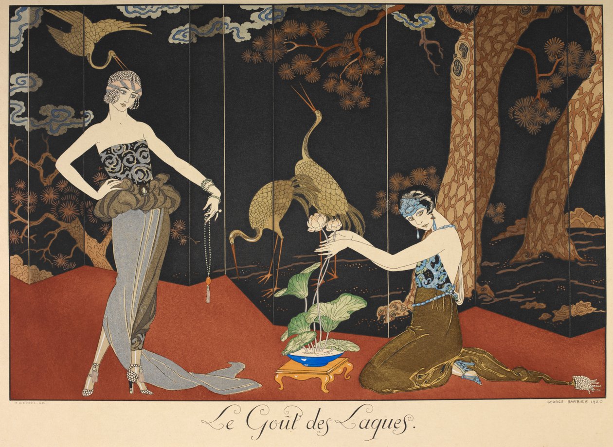 Le gut des laques. Lakelerin tadı. Cilalı bir ekranın önünde iki kadın. by Georges Barbier