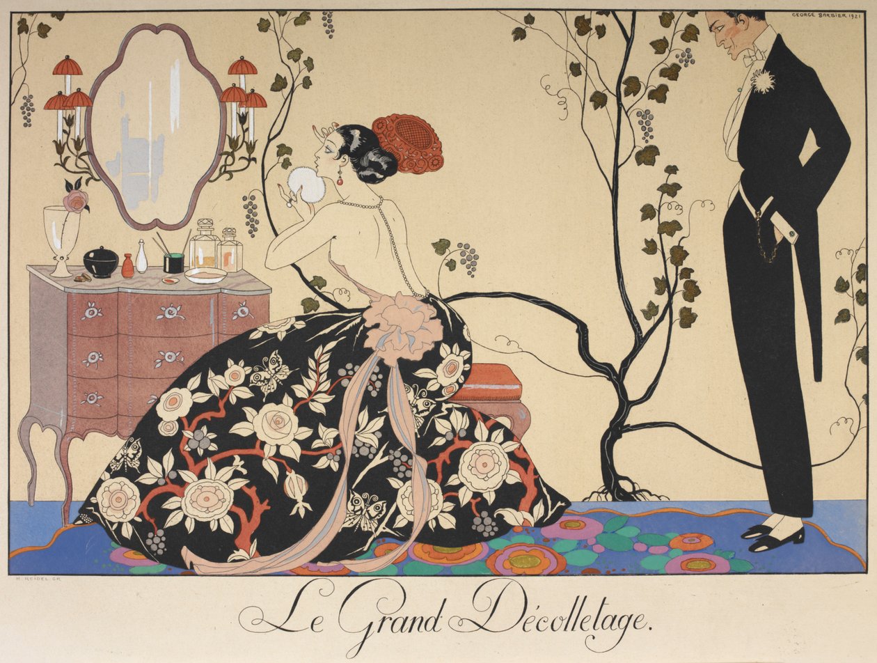 Büyük dekolte. Bir erkek tarafından beğenilen, tuvalet masasında oturan bir kadın. by Georges Barbier