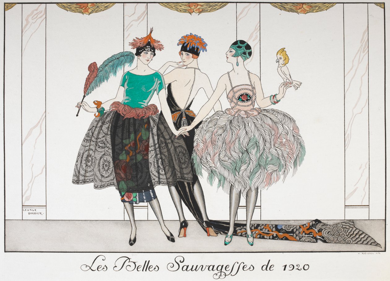 Les Belles Sauvgettes de 1920. Egzotik elbiseler giyen üç kadın. by Georges Barbier