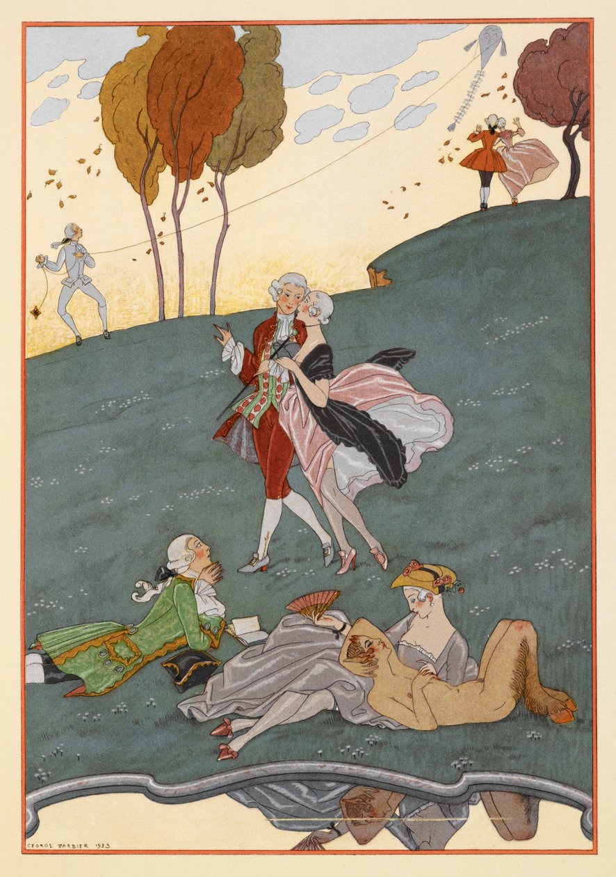 Les Ingenus. Bir dizi erkek ve kadın. Uçurtma uçuran bir adam. Bir faun. by Georges Barbier