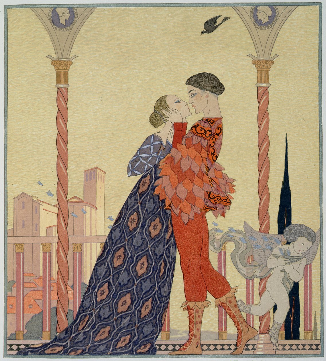 Balkondaki Aşıklar (kağıt üzerine sulu boya) by Georges Barbier