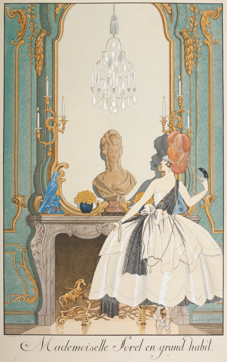 Matmazel Sorel büyük bir alışkanlık içinde. Şöminenin önünde duran bir kadın. by Georges Barbier