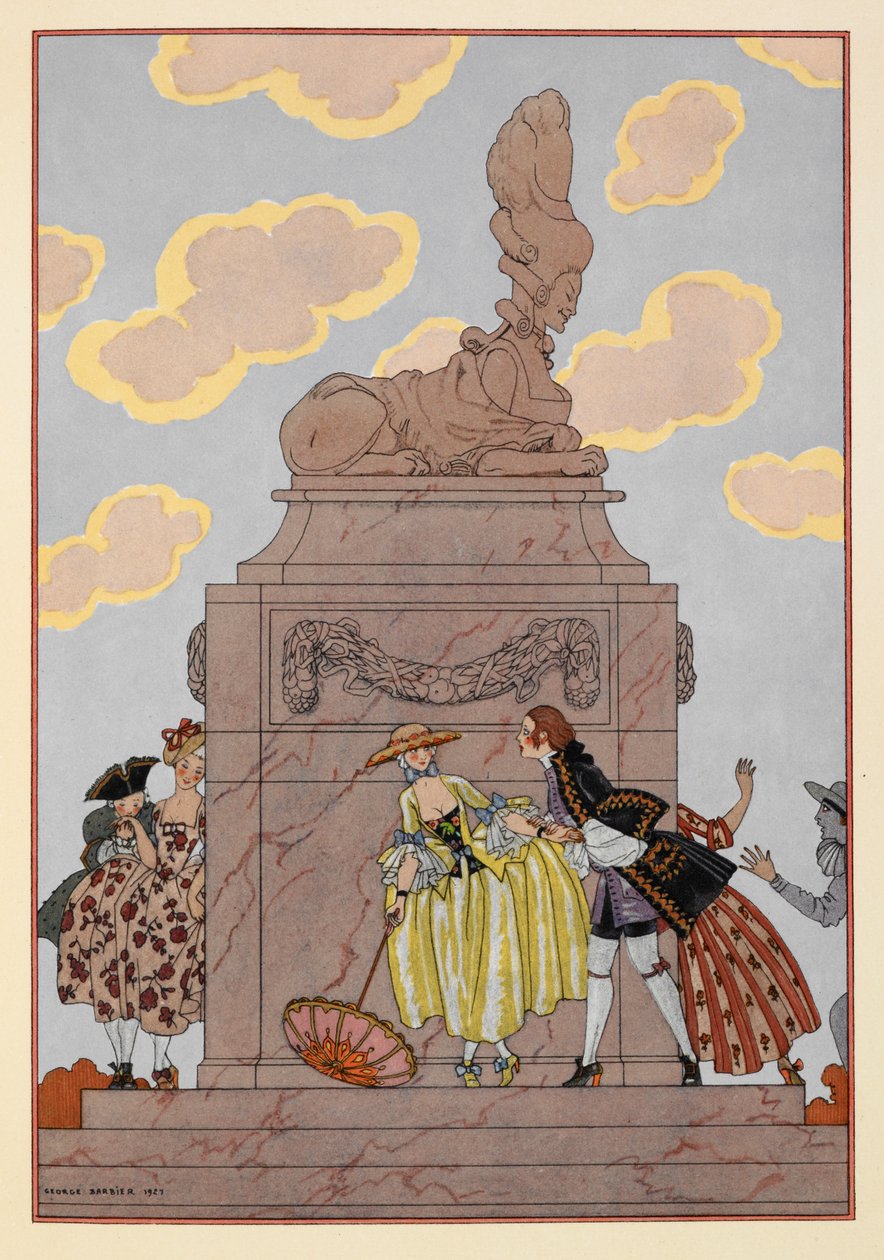 Mandolin. Bir anıtın etrafında duran insanlar. bir kadın bir şemsiye tutar. Önemli bulutlar. by Georges Barbier