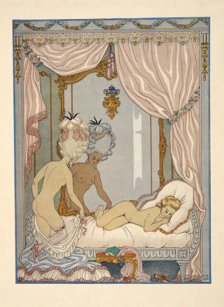 Marquise de Merteuil'in Cécile de Volanges'ın yatak odasını ziyareti, Pierre Choderlos de Laclos (1741-1803) pub'ından 'Les Liaisons Dangereuses'den bir çizim. 1934 (kalıp baskısı) by Georges Barbier