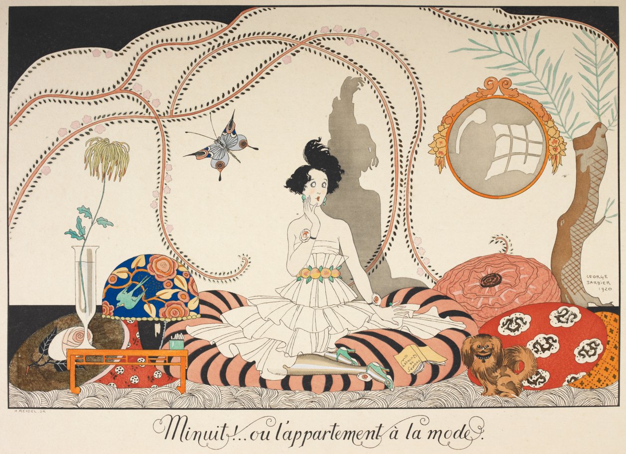 Gece yarısı ! .. veya modaya uygun daire. Birçok minder arasında oturan bir kadın. Evcil köpeği yanında. by Georges Barbier