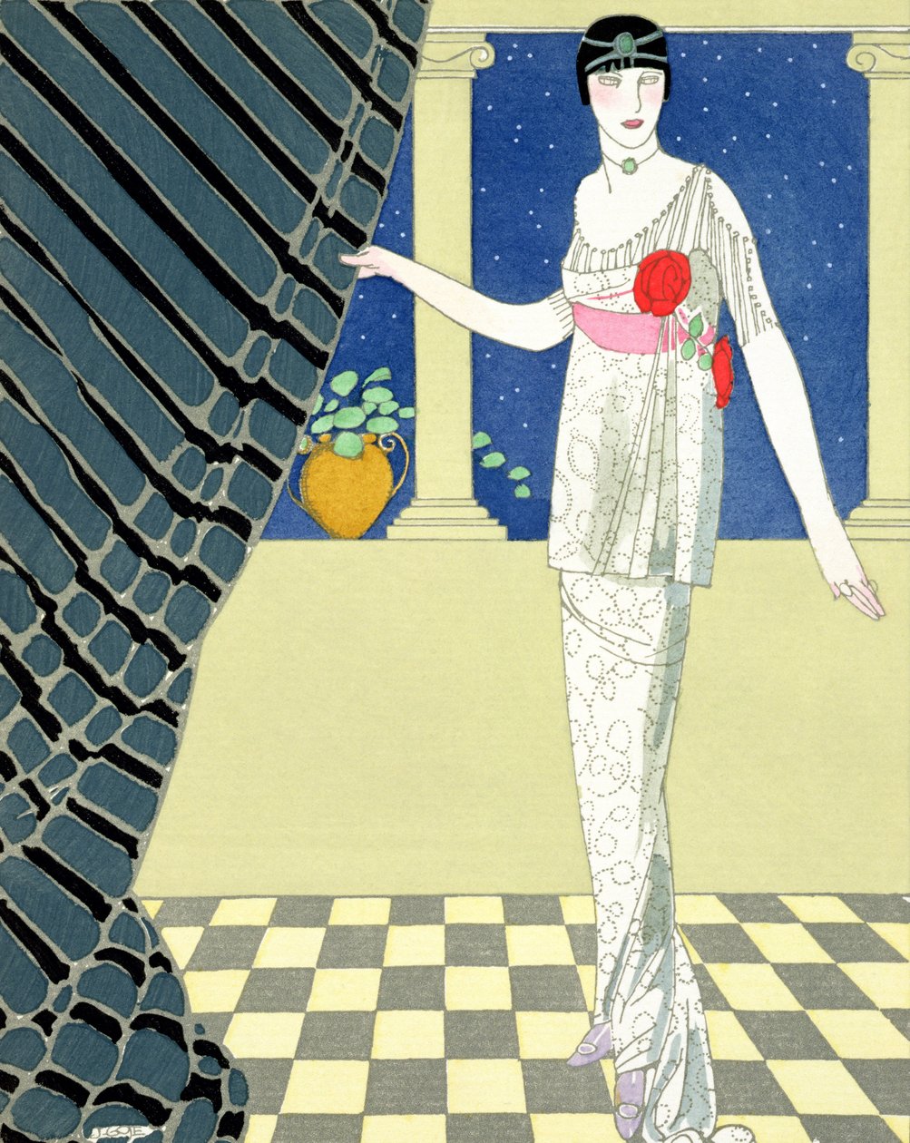 Misafirlerim Gelmedi, Redfern tarafından elbiseli bir kadın resmi (pochoir baskı) by Georges Barbier