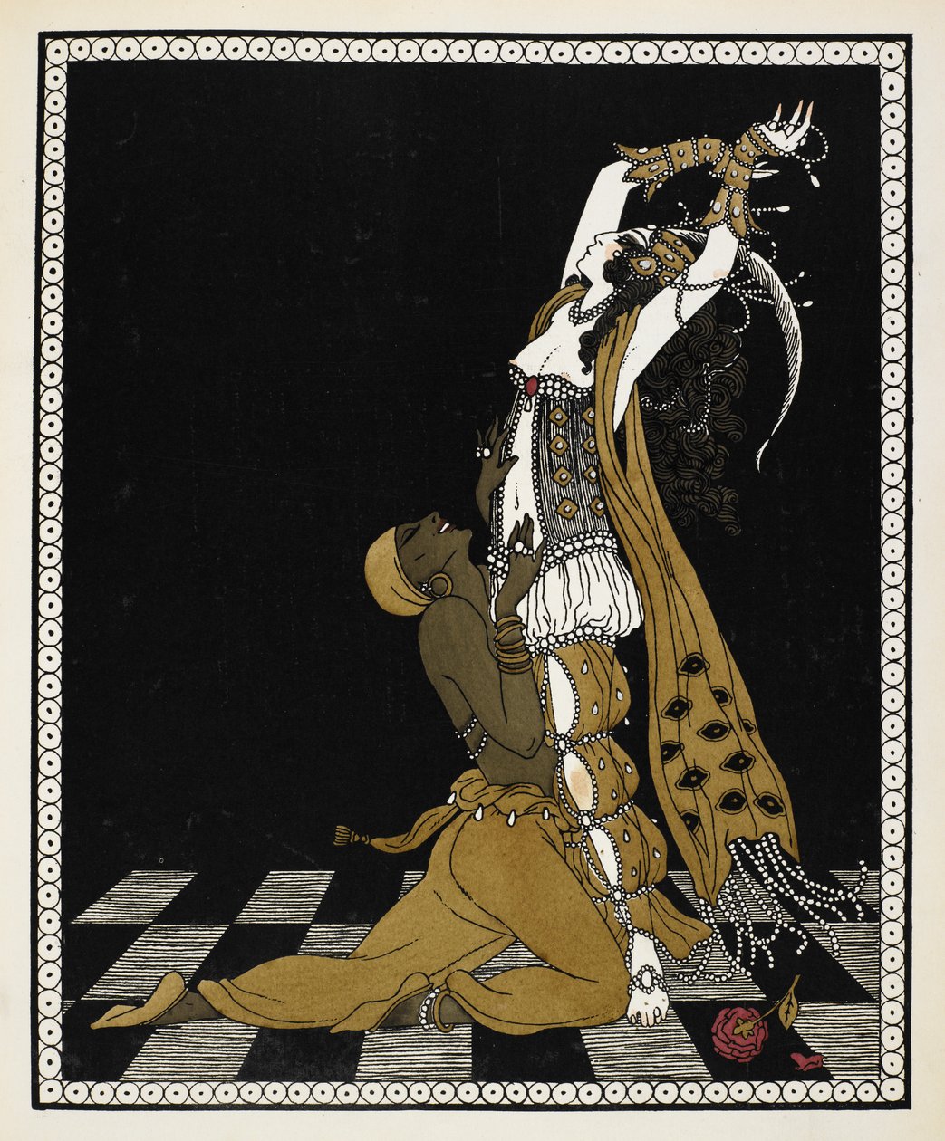Nijinsky, 1888'de Nikolai Rimsky-Korsakov tarafından bestelenen bir senfonik süit olan Şehrazat'ta Altın Köle olarak. Her ikisi de Arap tarzı kostüm giymiş Şehrazat'ın önünde diz çöküyor. by Georges Barbier