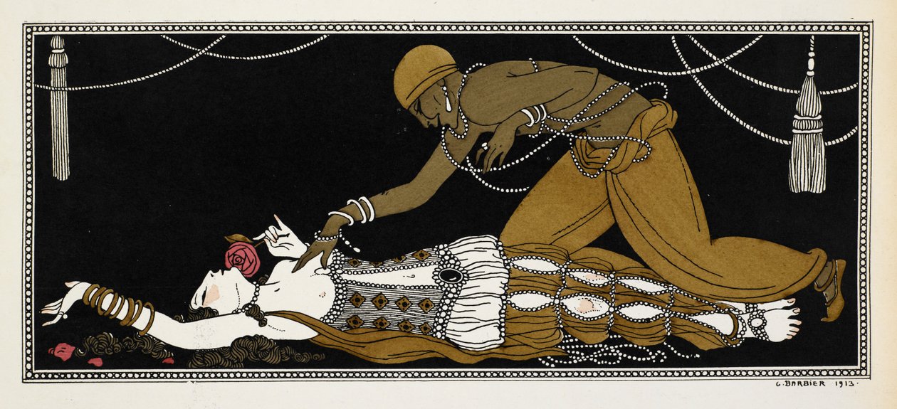 Nijinsky, 1888'de Nikolai Rimsky-Korsakov tarafından bestelenen bir senfonik süit olan Şehrazat'ta Altın Köle rolünde. Şehrazat burada ölüm döşeğinde, altın köle onun üzerine eğiliyor. by Georges Barbier