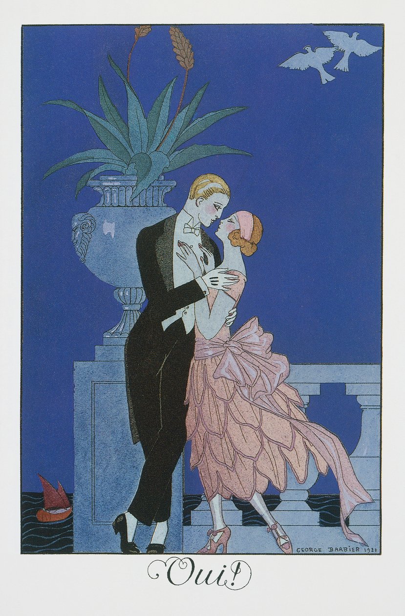 Evet, iki genç nişanlı gece elbisesi, litografi George Barbier (1882-1932), Falbalas et Fanfreluches