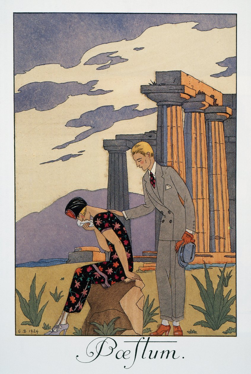 Paestum, litografi George Barbier (1882-1932), Falbalas et Fanfreluches, Almanach des Modes Presentes, Passees ve Futures