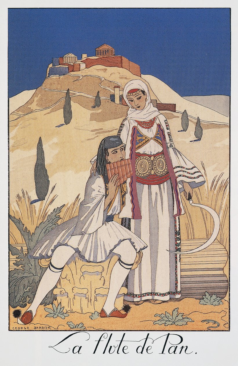 Geleneksel Yunan kostümlerini betimleyen pan flüt oyuncusu by Georges Barbier