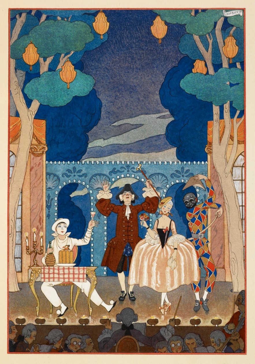 Pandomim. Pierrot ve Harlequin. Bir erkek ve güzel bir kadın. Hepsi bir sahnede. by Georges Barbier