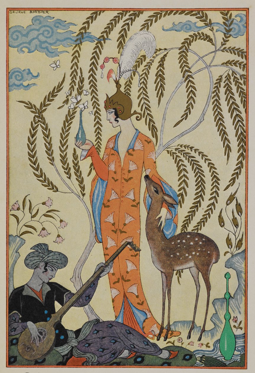 İran. Geyiği olan bir kadın. Müzisyen. by Georges Barbier