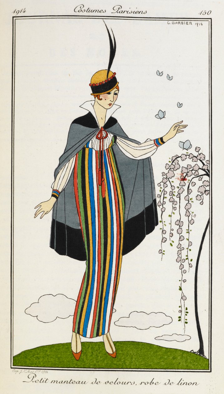 Petit manteau de velurs, robe de linon. Küçük kadife pelerin giyen, çizgili keten elbiseli, turuncu t-bar ayakkabılı ve siyah ve kırmızı süslemeli şapkalı kadın. Kostümler Parisliler. by Georges Barbier