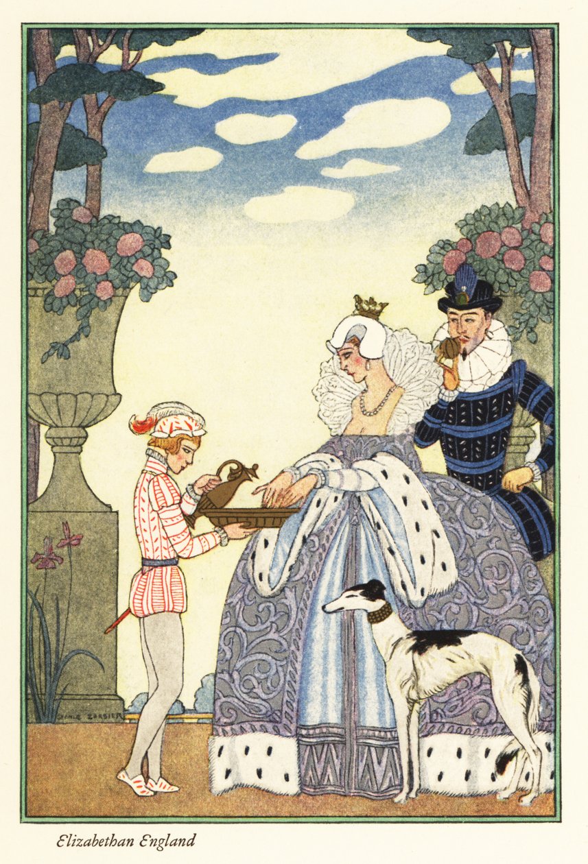 Kraliçe Elizabeth, uşakının tuttuğu bir kasede ellerini yıkıyor. 1928 (baskı) by Georges Barbier
