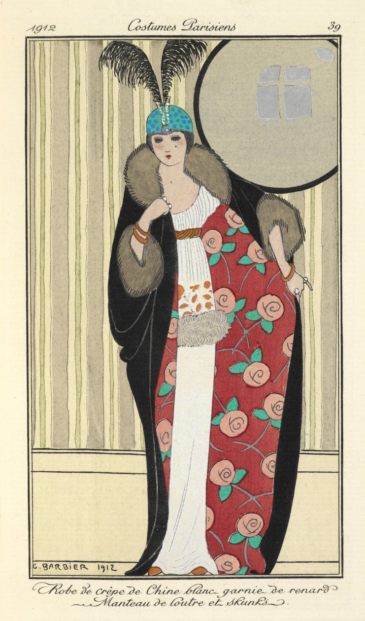 "Tilki ile süslenmiş beyaz krep de chine elbise. Su samuru ceket ve kokarcalar," by Georges Barbier