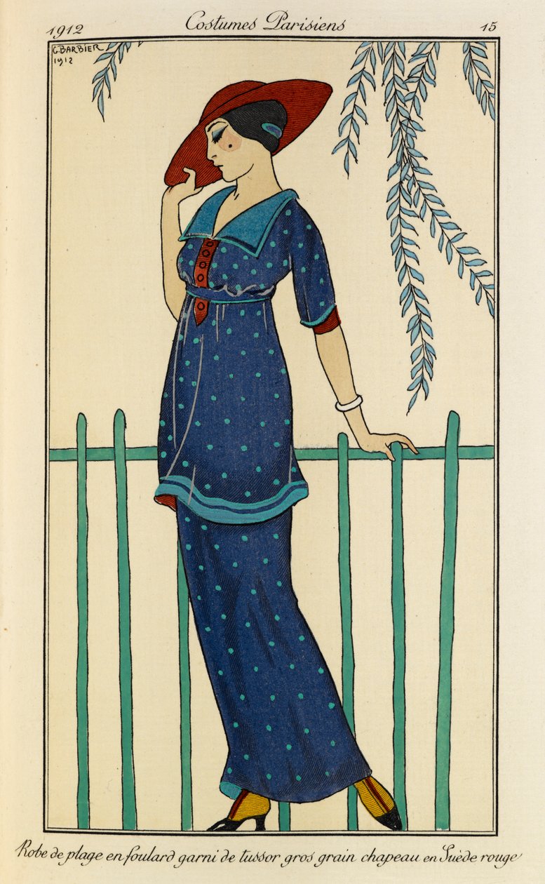 Robe de plage en fular garni de tussor gros tahıl chapeau ve Suède rouge. Kostümler Parisiens no.15. Plaj elbisesi ve benekli mavi grogren ile süslenmiş ham ipek eşarp ve kırmızı şapka giyen kadın. by Georges Barbier