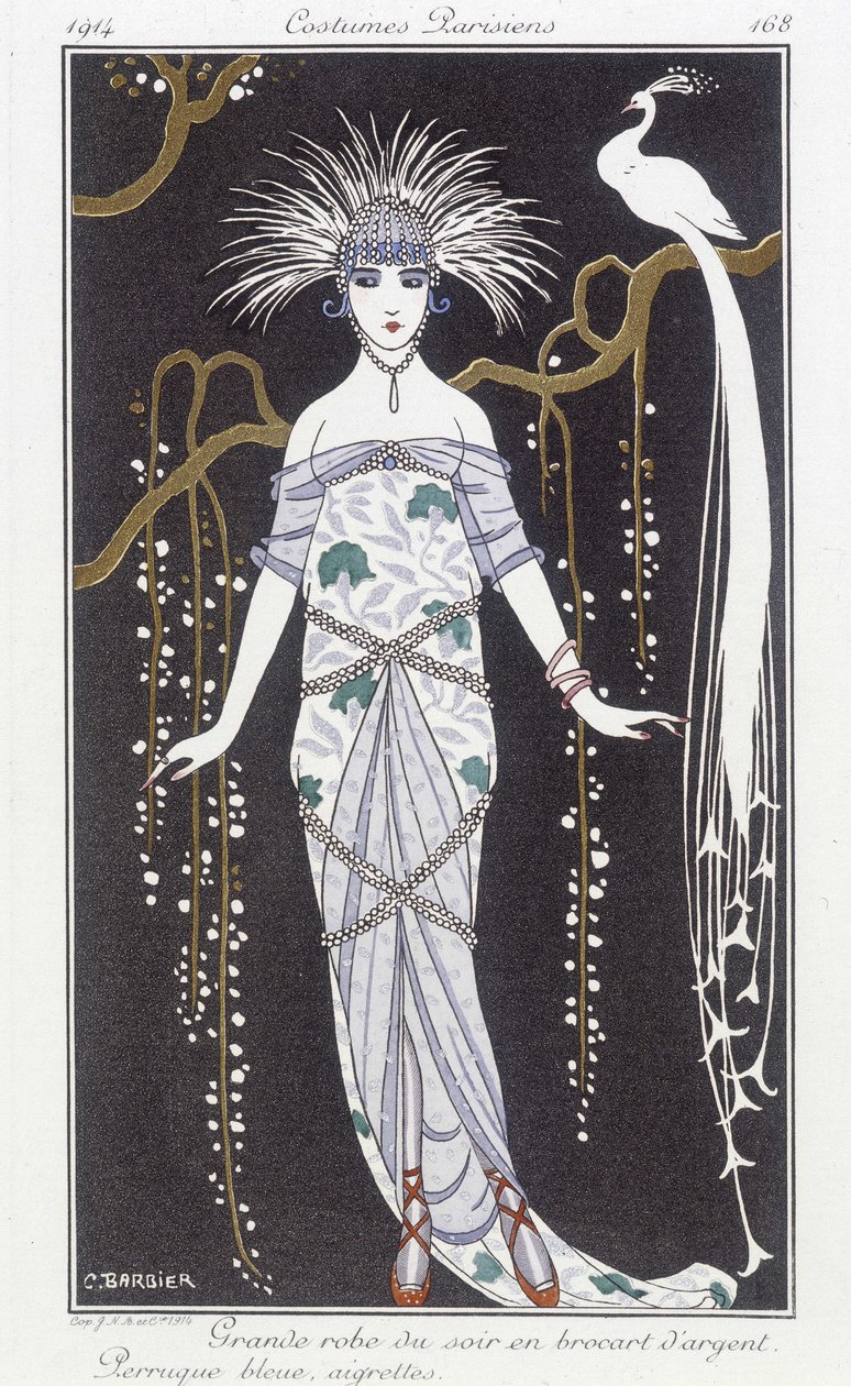 Gümüş brokar gece elbisesi ve peruk - Çizim George Barbier (1882-1932). “” Journal des dames et des modlarında: Kostümler Parisiens”” by Georges Barbier