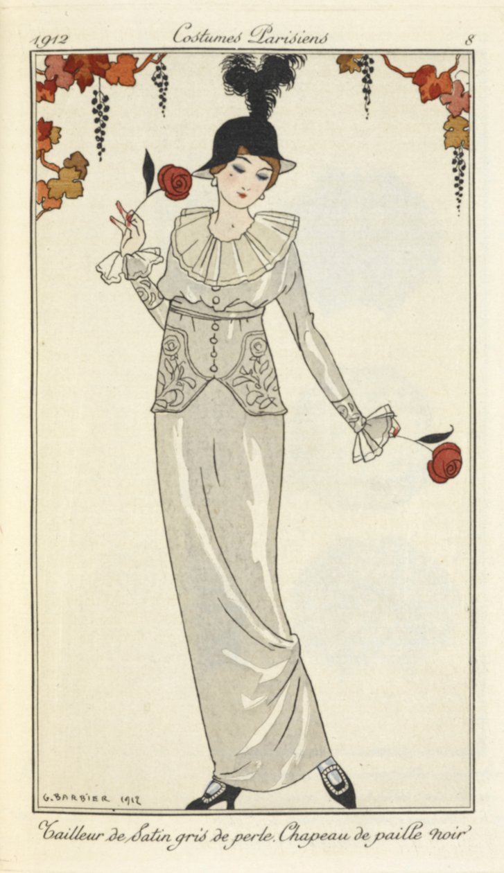 "İnci grisi saten takım elbise, siyah hasır şapka." by Georges Barbier