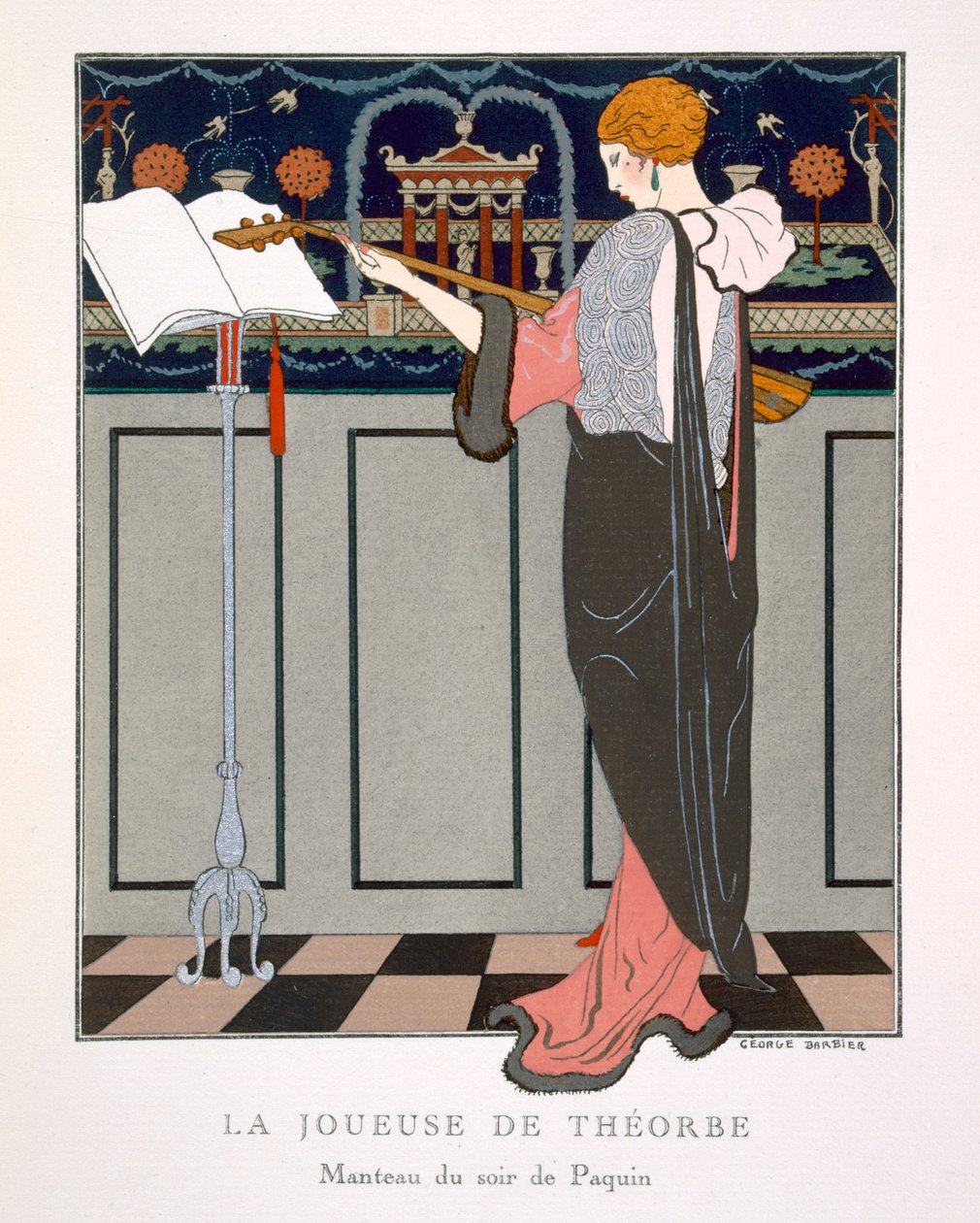 Theorbo Player, Paquin tarafından bir gece ceketi için tasarım by Georges Barbier