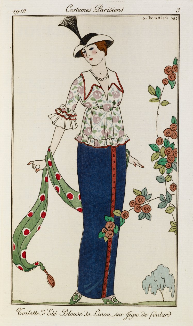 Fular ile eşleştirilmiş bluz tuvaleti. Kostüm Parisiens no.3. Yazlık bluz ve etek giyen bir kadın. Yeşil bir eşarp tutuyor. Tüylü bir şapka takıyor. by Georges Barbier