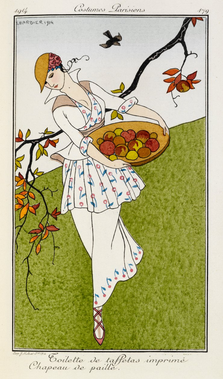Tuvalet de taftalar imprime chapeau de paille. Kostümler Parisiens no.179. İpek baskılı bir kıyafet ve hasır şapka giyen bir kadın. Bir kase meyve taşıyor. by Georges Barbier