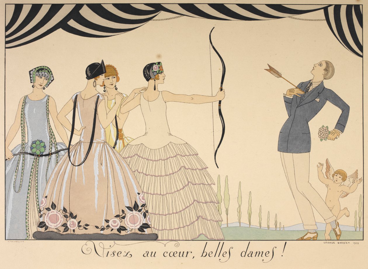 Visez au coeur, güzel kadınlar. Kalp hanımlarını hedefleyin. Bir kadın bir okla bir adamı kalbinden vurur. by Georges Barbier