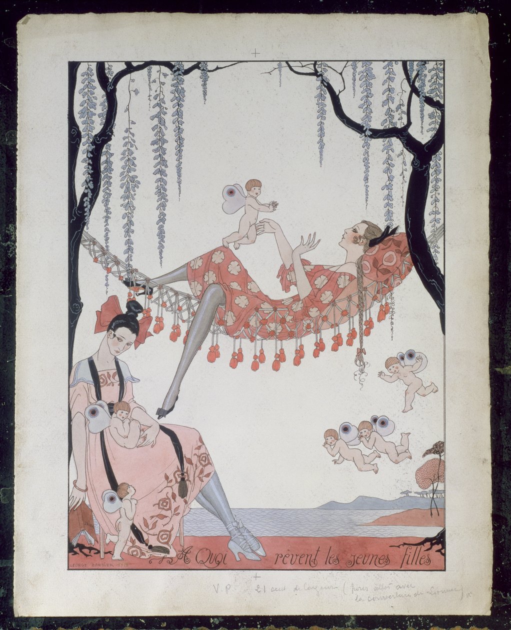 Genç Kadınlar Neyi Hayal Eder? 1918 (kağıt üzerine kalem, mürekkep ve sulu boya) by Georges Barbier