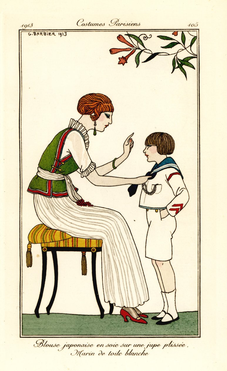 Japon ipek bluzlu ve uzun pilili etekli kadın by Georges Barbier