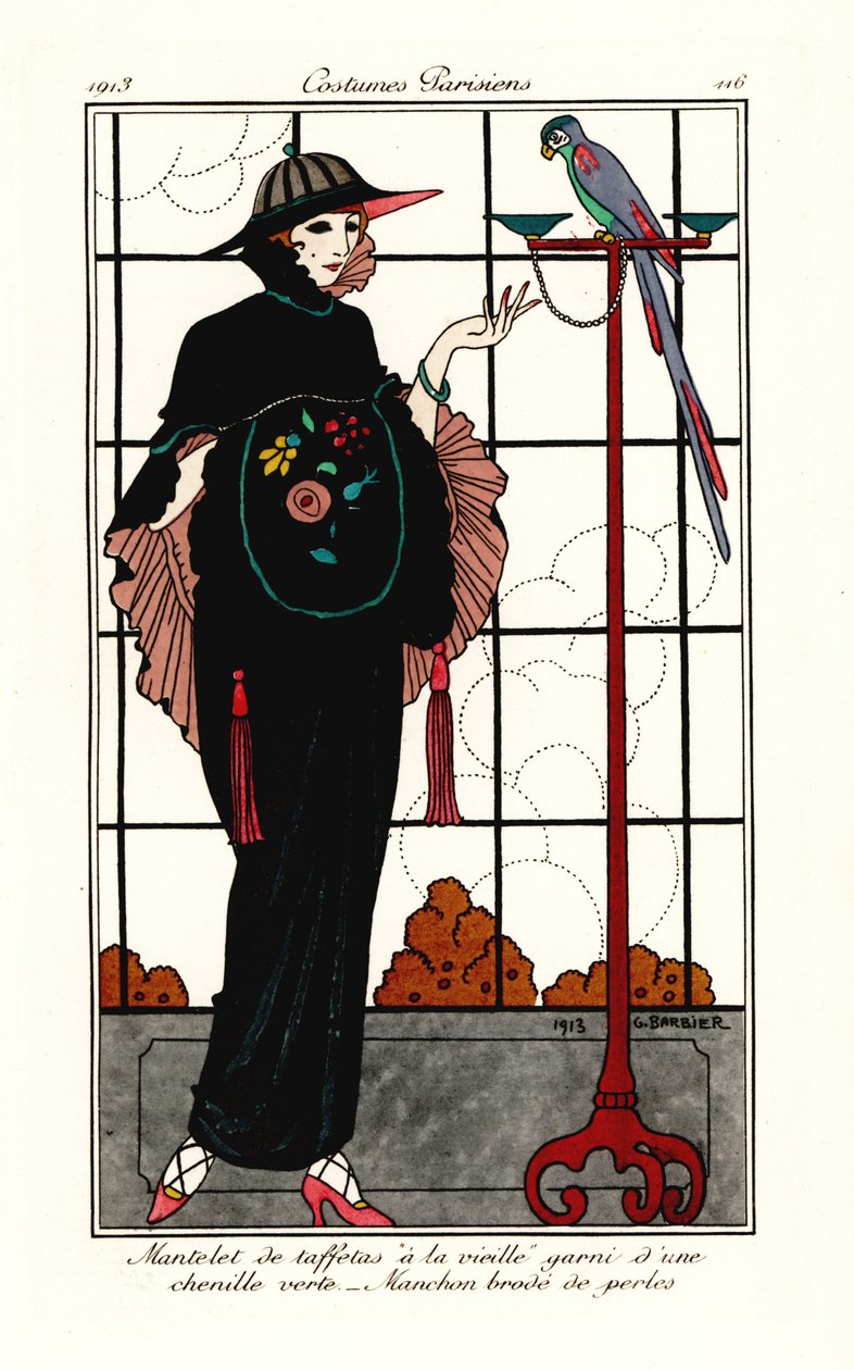 Bir papağan ile eski bir tafta pelerinli kadın by Georges Barbier
