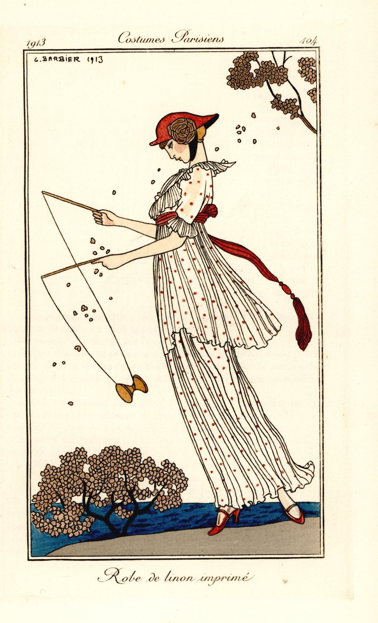 Diabolo oynarken baskılı keten elbiseli kadın by Georges Barbier