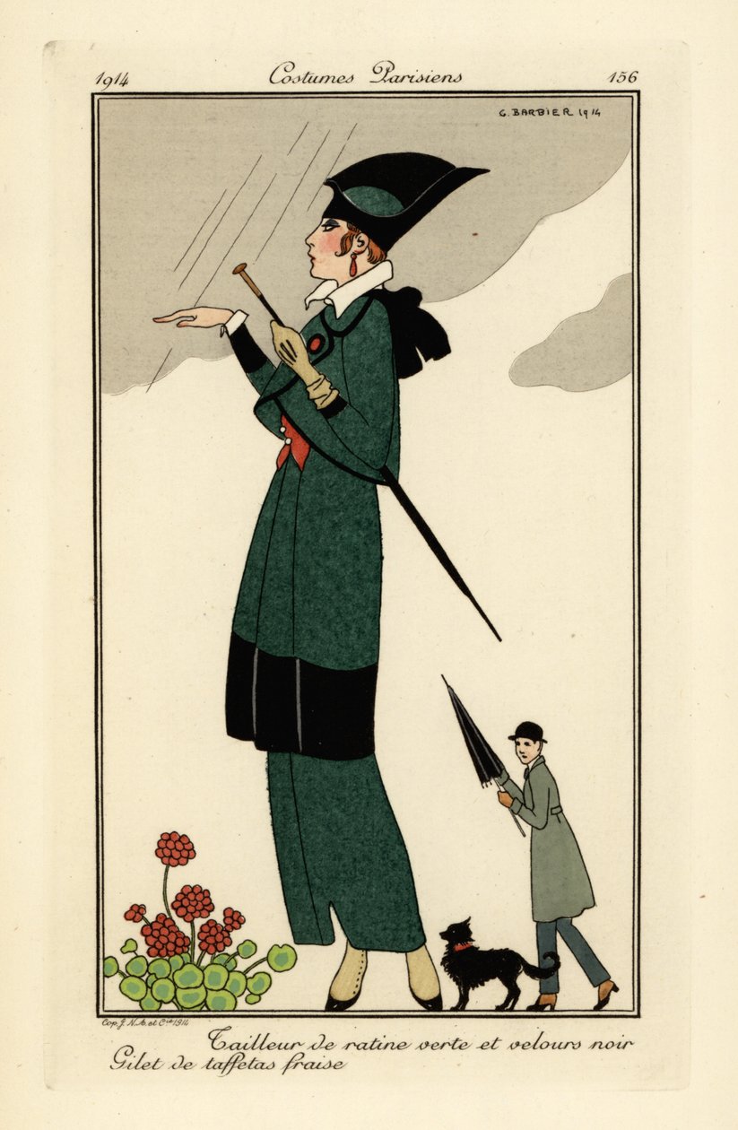 Yeşil ratine ve siyah kadife takım elbiseli kadın. by Georges Barbier