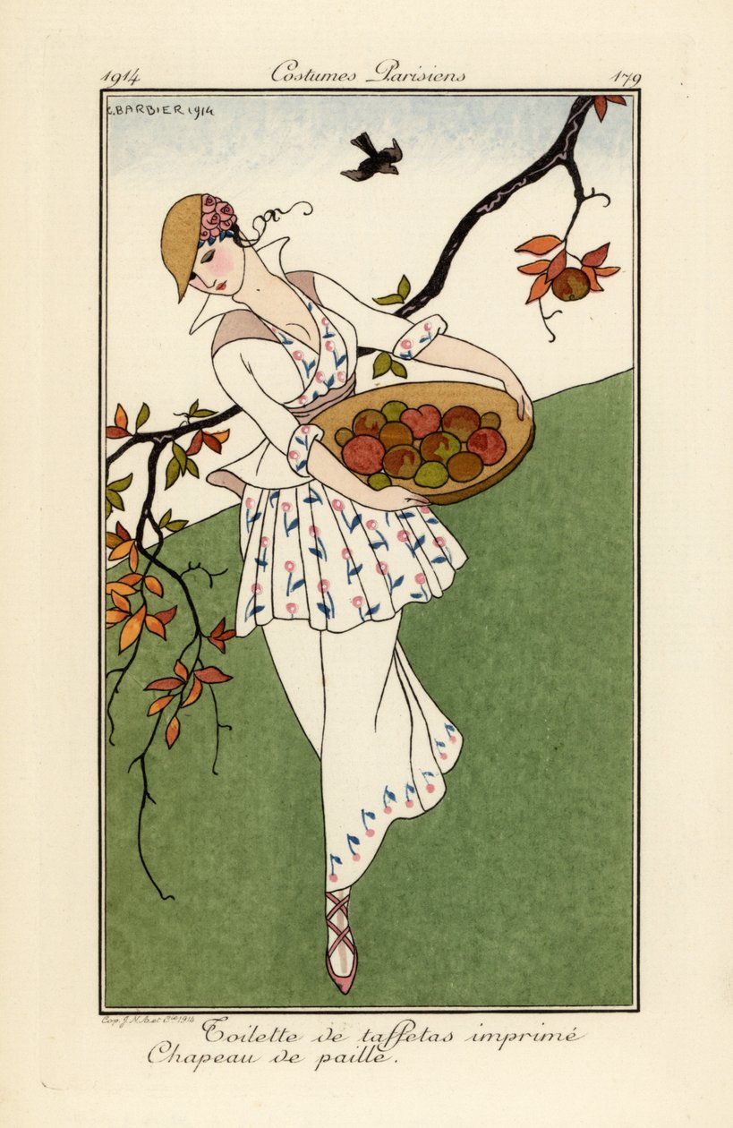 Hasır şapkalı ve baskılı tafta elbiseli kadın. by Georges Barbier