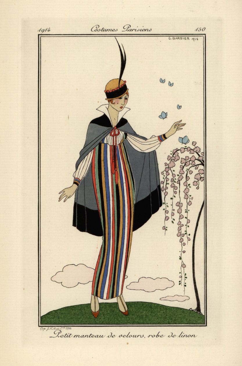 Kısa kadife ceketli çizgili keten elbiseli kadın. by Georges Barbier