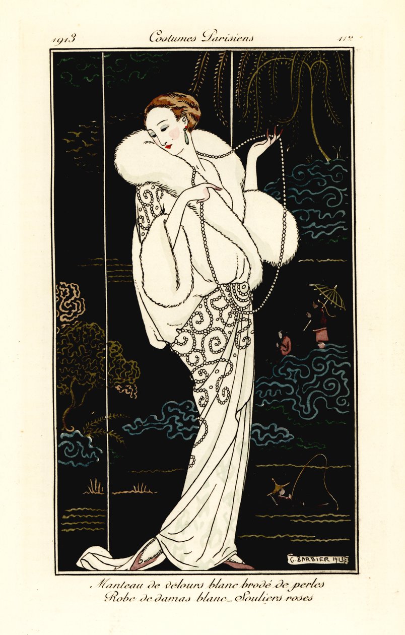 Kadife pelerinli, damask elbiseli ve pembe terlikli kadın. by Georges Barbier