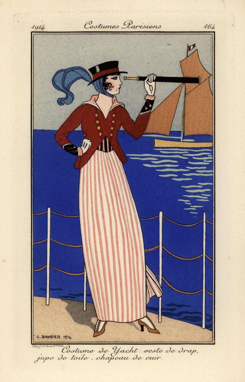 Bir teleskop tutan yat kıyafeti giymiş kadın. by Georges Barbier