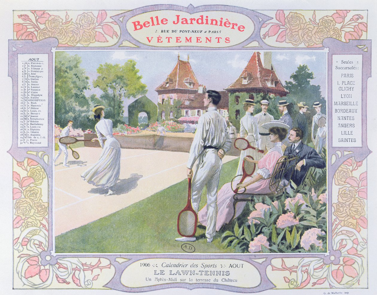 Çim Tenisi, 'La Belle Jardiniere' giyim mağazası için bir takvimden Ağustos ayı illüstrasyonu, 1906 by Georges Bertin Scott