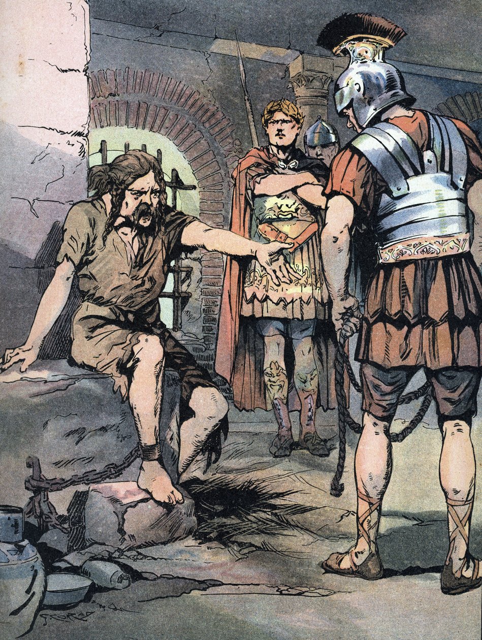 Galya Savaşı: “” Tullianum hapishanelerinde Jules Cesar'ın Roma silahlarındaki Galya savaşçısı Vercingetorix tutsağı, MÖ 46” (Galya savaşları: Jül Sezar'a karşı yenilgisinden sonra Roma'daki Mamertine Hapishanesinde Vercingetorix tutsağı, MÖ 46 by Georges Conrad