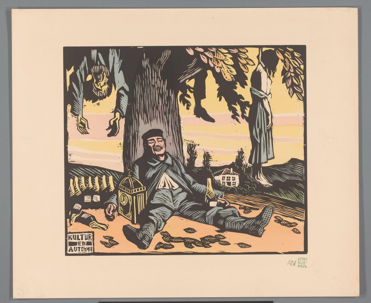 Asılmış insanlarla bir ağaca yaslanmış asker Kültür ve Otomne (nesne üzerindeki başlık) by Georges Hermann Rene Paul