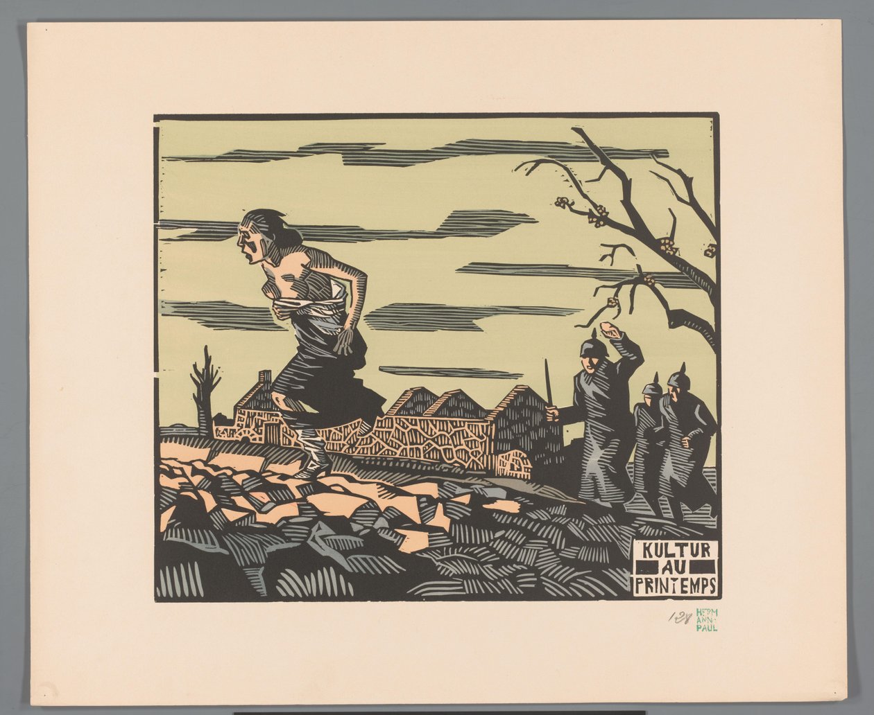 Kadın bir tarlada üç askerin önünde yarı çıplak halde kaçar Kultur au printemps (nesnedeki başlık) by Georges Hermann Rene Paul