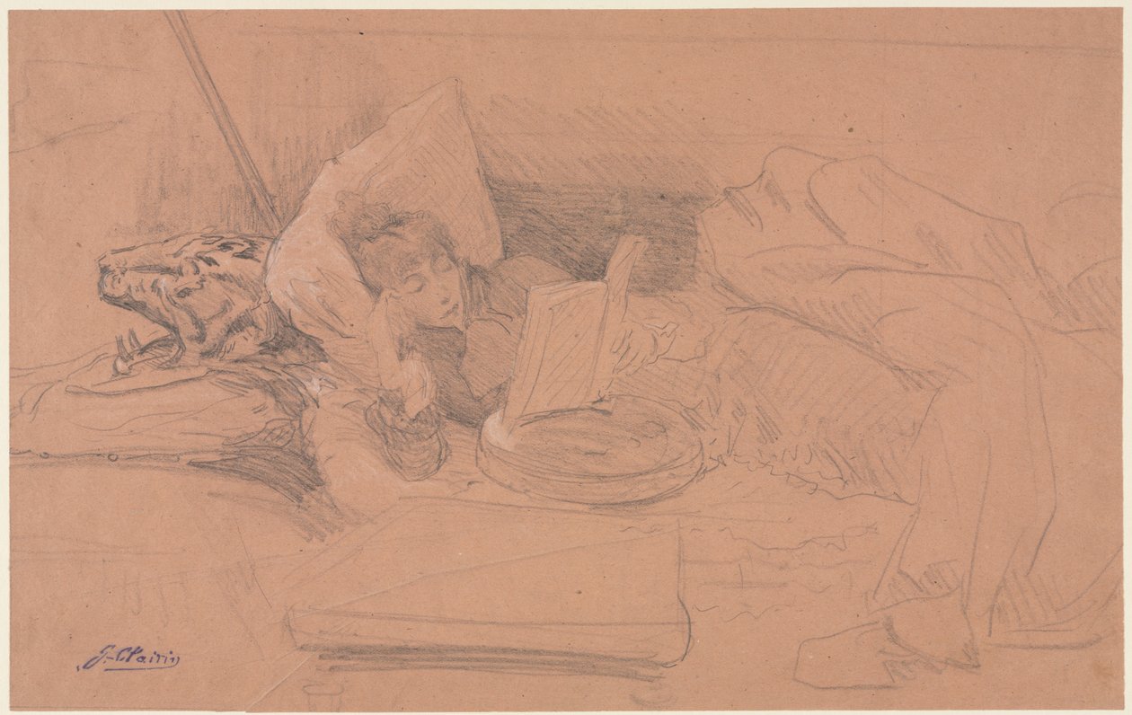 Sarah Bernhardt Divana Yatarken, Reading, c. 1885-1890. by Georges Jules Victor Clairin