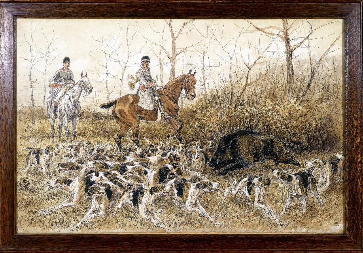 Bir avda yaban domuzu etrafında köpek sürüsü - Georges La Roque tarafından 1900 dolaylarında çizim by Georges La Roque