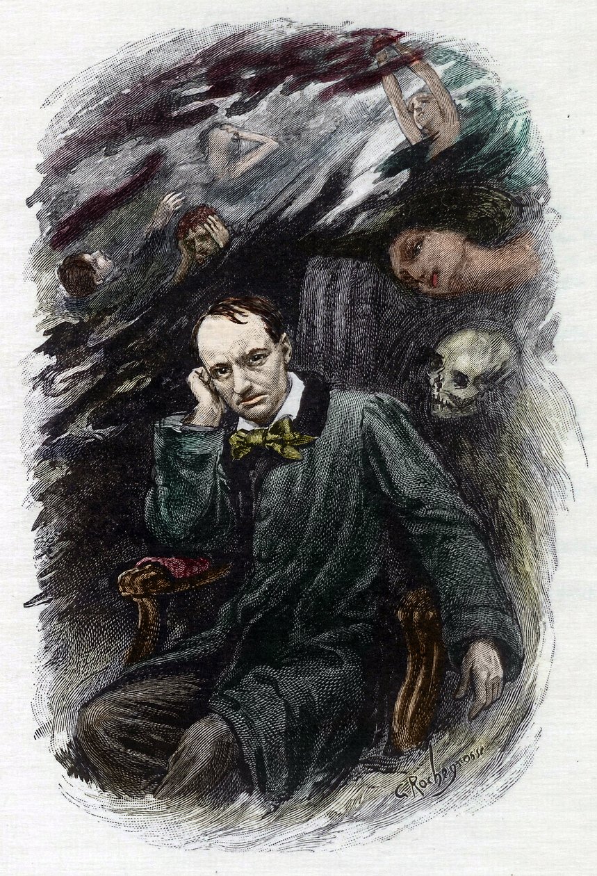 Fransız şair Charles Baudelaire'in (1827-1861) portresi, hayaletlerini çevreliyor (Fransız romantik şair Charles Baudelaire'in hayaletlerle çevrili temsili, "" Kötülüğün çiçekleri" için illüstrasyon") Georges Antoine Rochegrosse by Georges Marie Rochegrosse