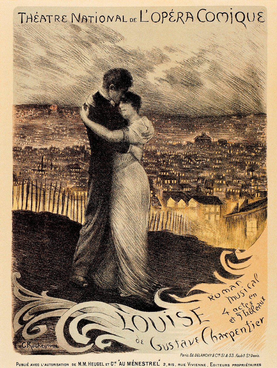 Paris'teki Theatre National de L'Opera Comique'de Gustave Charpentier tarafından 'Louise' reklamı yapan bir posterin reprodüksiyonu (renkli taş) by Georges Marie Rochegrosse