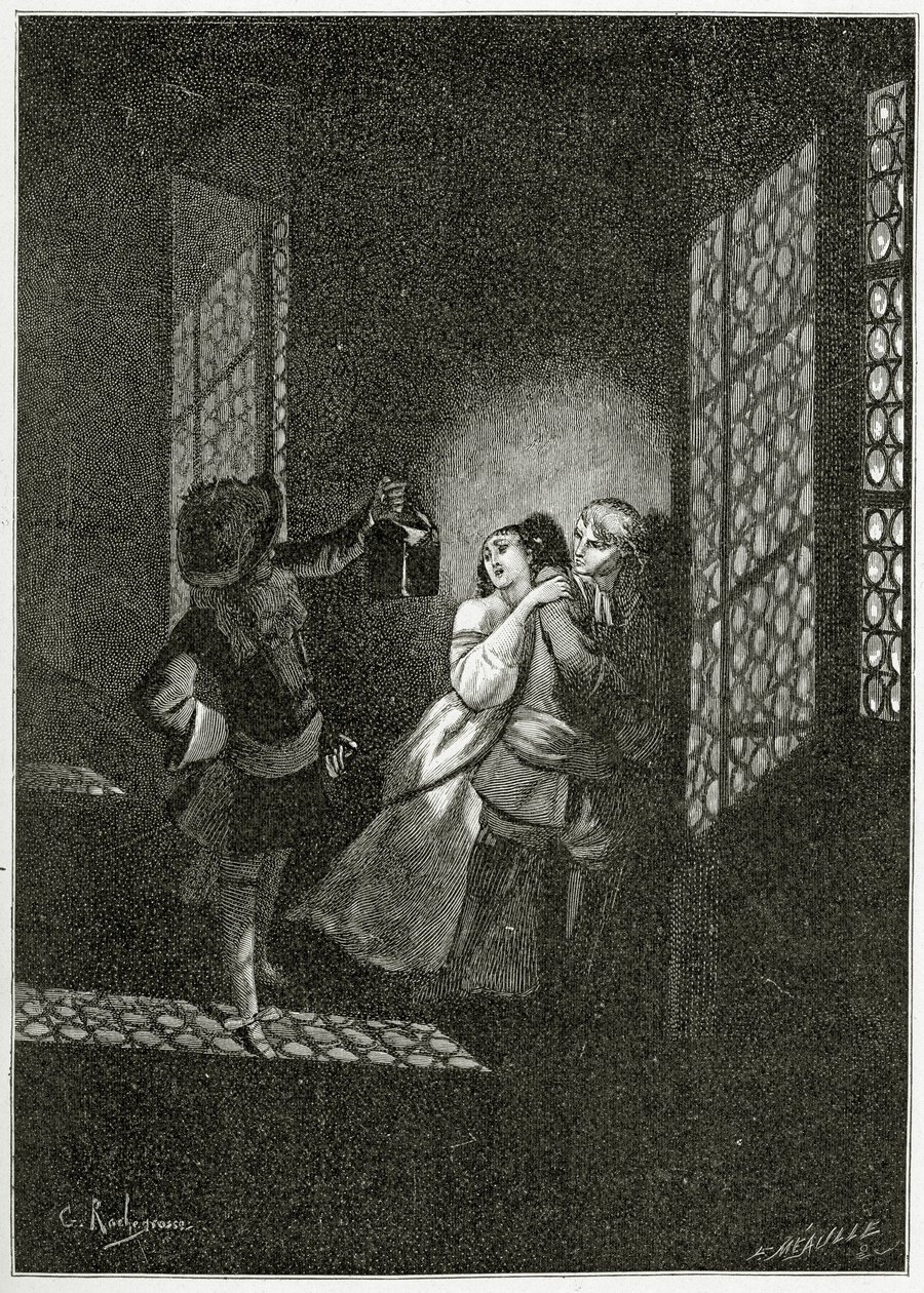 Aşıklar Ethel ve Ordener Teğmen d'Alpheld tarafından yakalanır - Han d'Islande'den bir illüstrasyon, 19. Yüzyıl (bw gravürü) by Georges Marie Rochegrosse