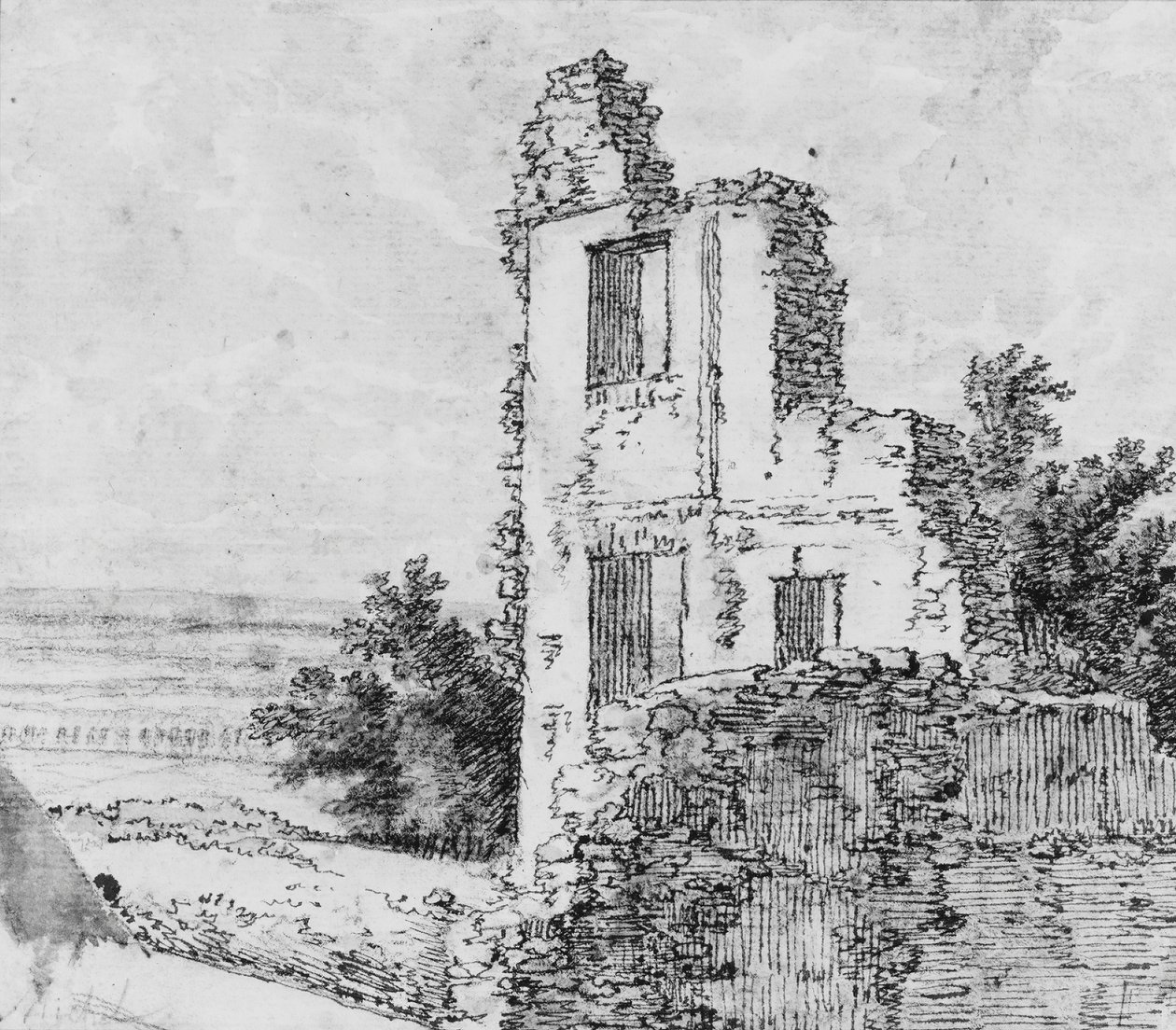 An Allée of Trees in a Park recto, The Ruins of a Building on a Hill verso, n.d.. by Georges Michel