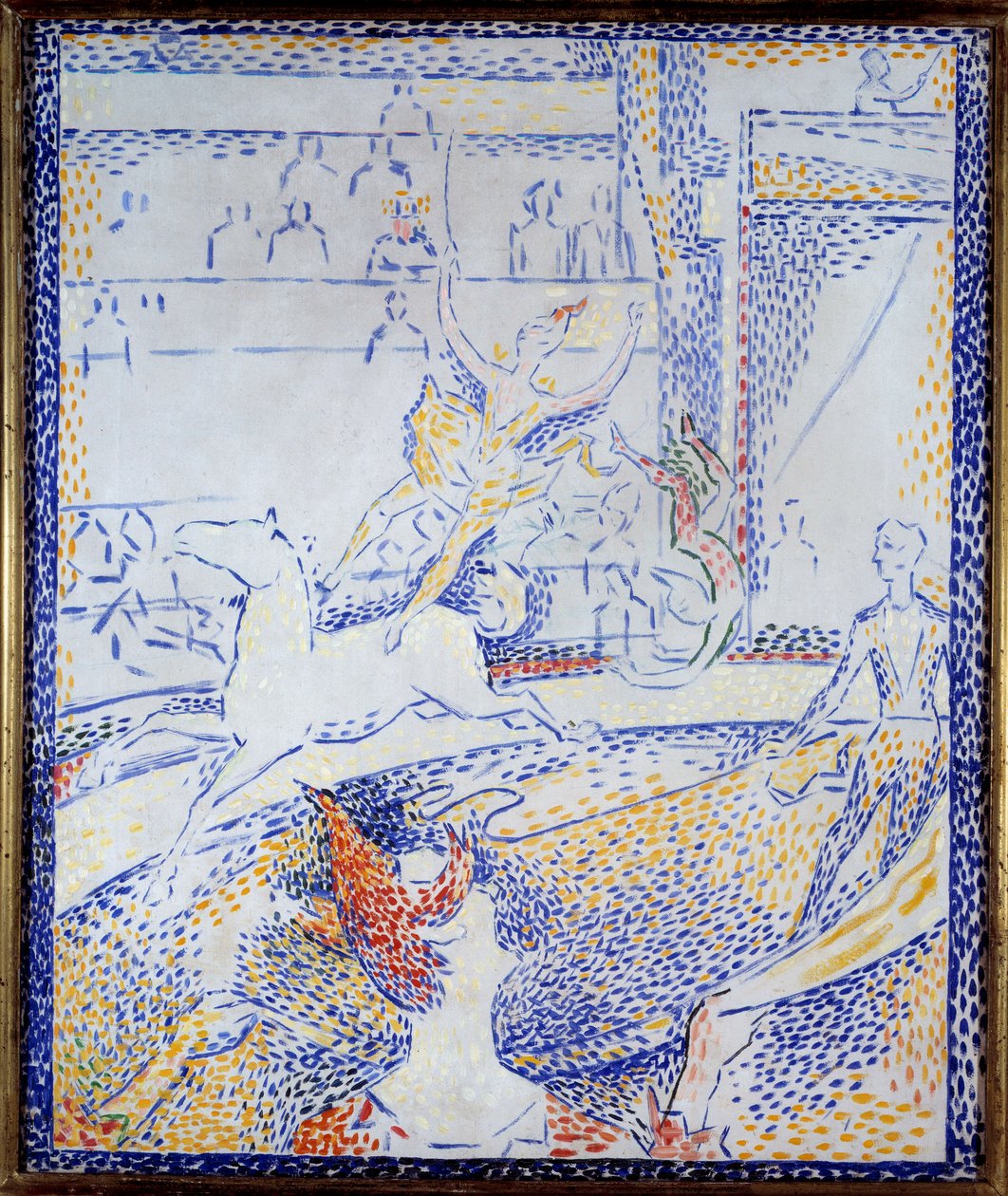 Sirk At sırtında akrobasi numarası yapan bir dansçı ve bir palyaço. Georges Seurat (1859-1891) 1891 Sun tarafından eskiz. 0,55x0,46 m Paris, Orsay Müzesi by Georges Pierre Seurat